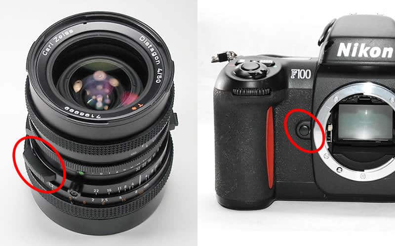 Here you can see examples of depth of field preview buttons on a lens (left) and camera body (right).