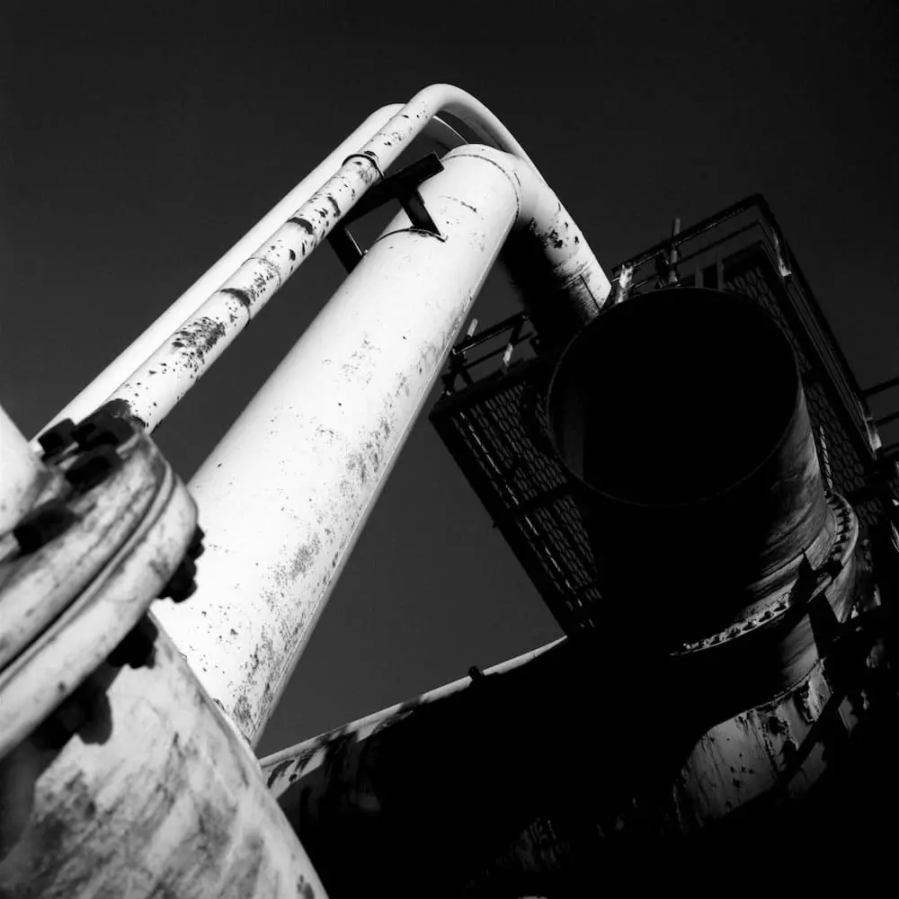 Pipework at Steelworks: Bronica SQAi, 80mm; f8 at 1/125s on Ilford HP5 with Red Filter