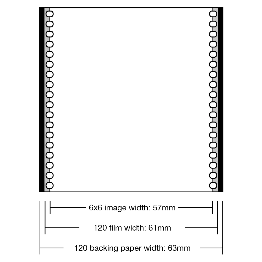 Fig 01: 120 film and paper widths - 65mm film perforations for reference