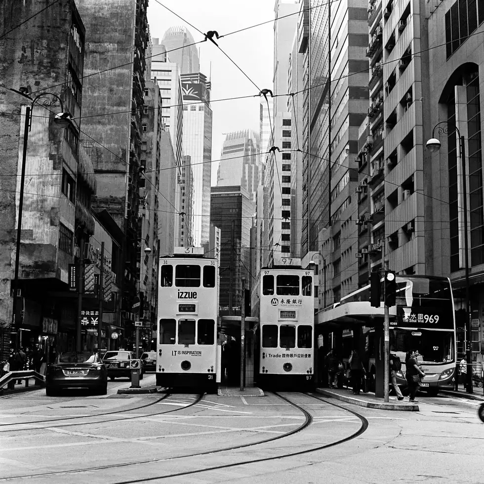 Twin trams - Fuji Acros 100 shot at EI 100. Black and white film in 120 format shot as 6x6.