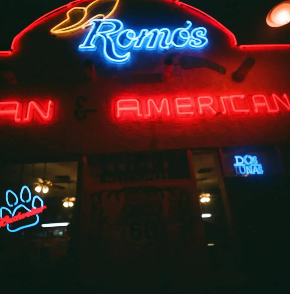 Two night shots in Holbrook, AZ, when I intentionally went out “hunting” neon signs. Fuji 800 expired.