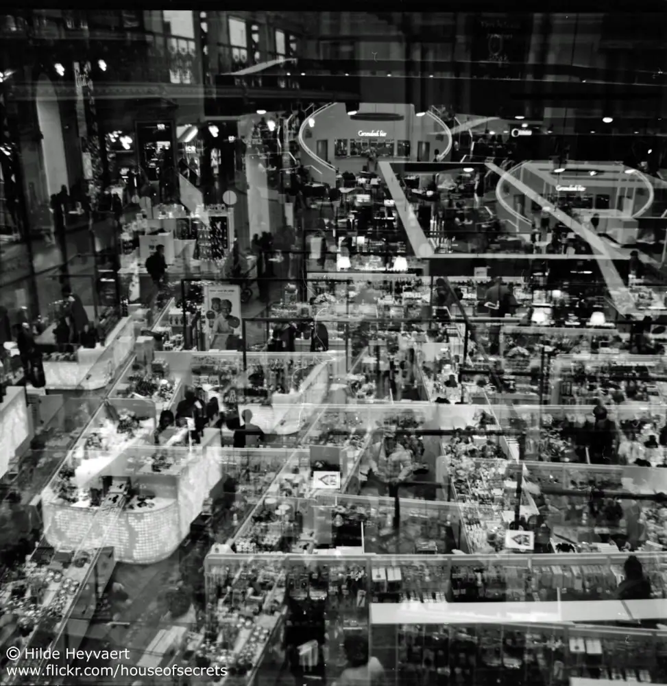 Double exposure on the Stadsfeestzaal mall floor, Antwerp, Belgium - Agfa Click 1, Kodak T-MAX 100 film
