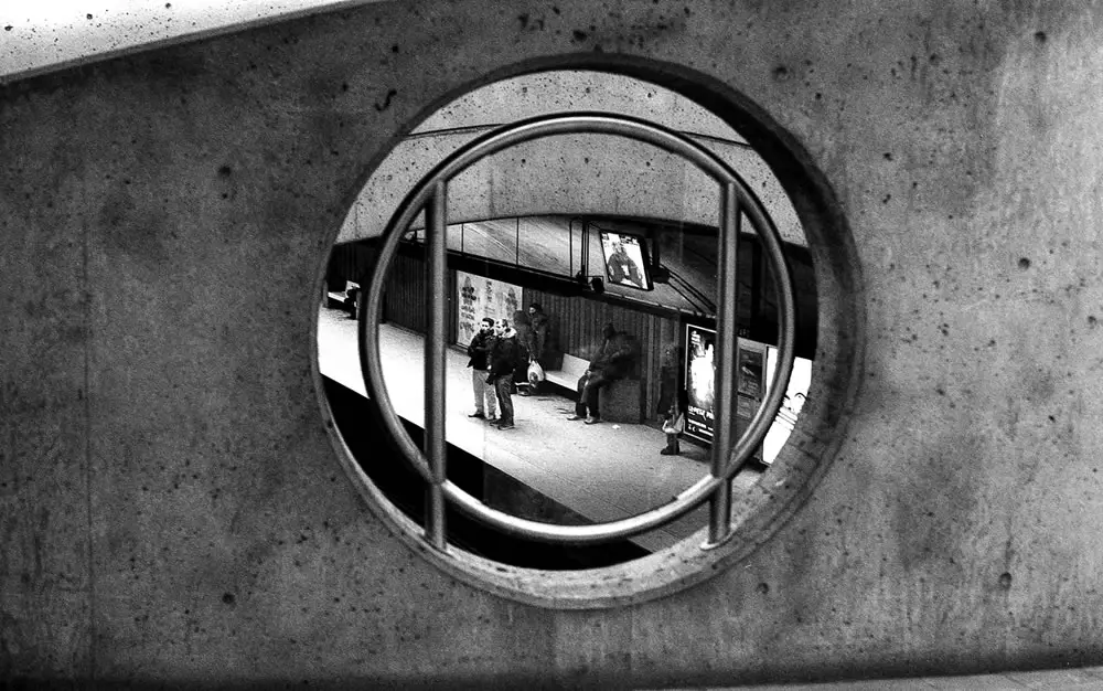 Metro Parc - A view from the overpass in Montreal's Parc Metro station. Olympus OM-1, Ilford Delta Professional 400 at EI 1600
