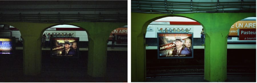 The same shot, with both cameras and films. The color of the Cinestill 800T, on the right, is clearly more vibrant, but the highlights in the sign are a tad blown. On the left, the Fuji film is darker and less vibrant, but the detail on the sign is absolutely perfect, nothing blown.
