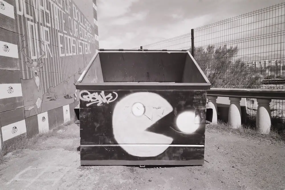Pac-Man Dumpster, Mamiya Super 23, 50mm f/6.3, Kodak TMax 100