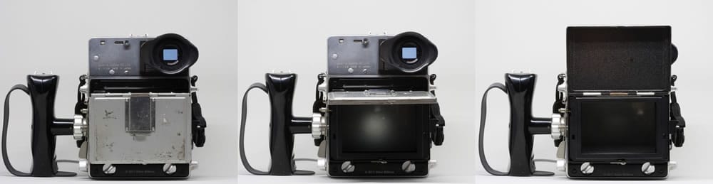 Mamiya Super 23 with focusing screen holder closed, locked half open, and fully open