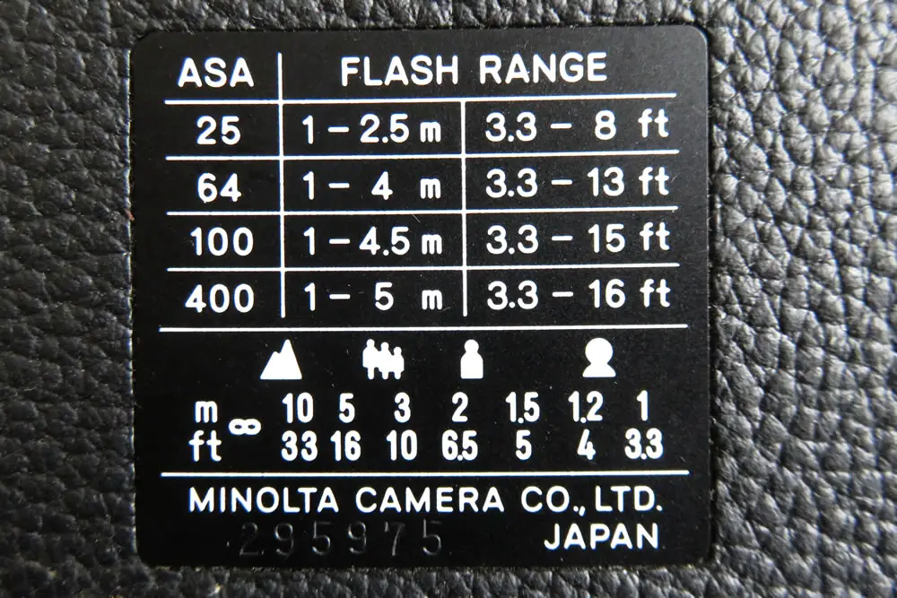 Minolta Hi-Matic - The back of the camera has the guidelines for the flash range given the ISO/film speed, and focusing distances