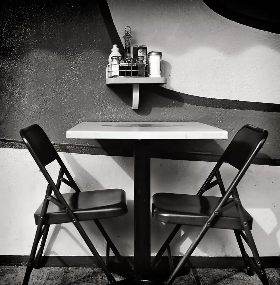 First date table - Location of our first date. Fred's 62, Los Feliz, CA. Hasselblad 500C, Fujifilm Acros 100