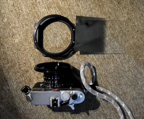 Leica M7 and Leica Super-Elmar-M 21mm f/3.4 ASPH lens with my rectangular GND filter and holder assembly.