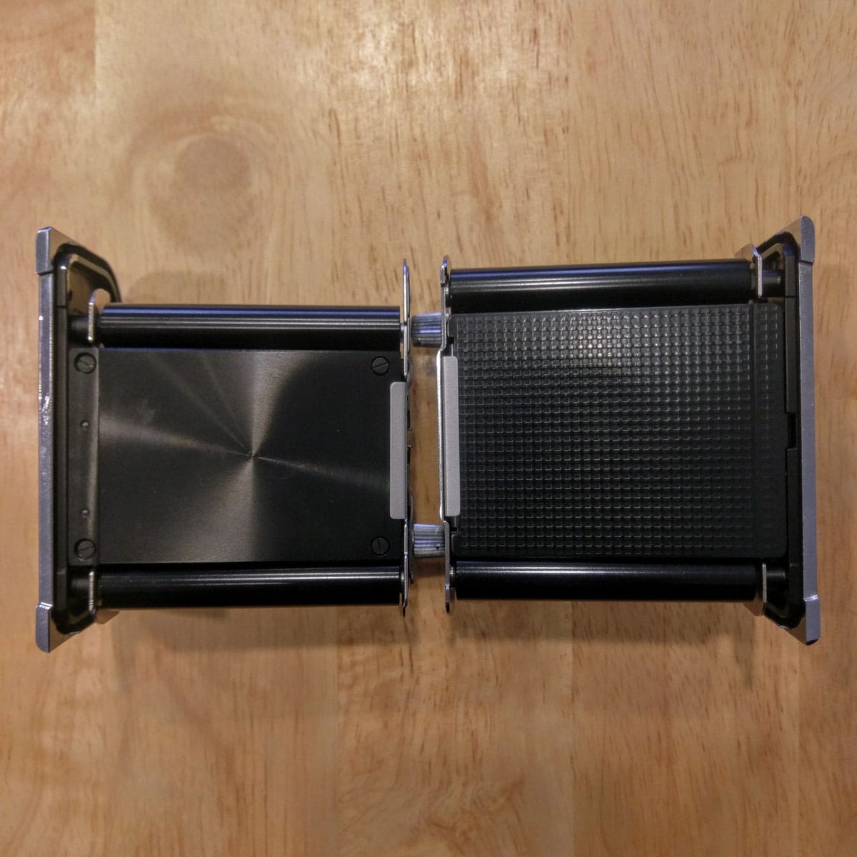 Hasselblad film magazine inserts: Left: 6x4.5 (A16). Right: 6x6 (A12).