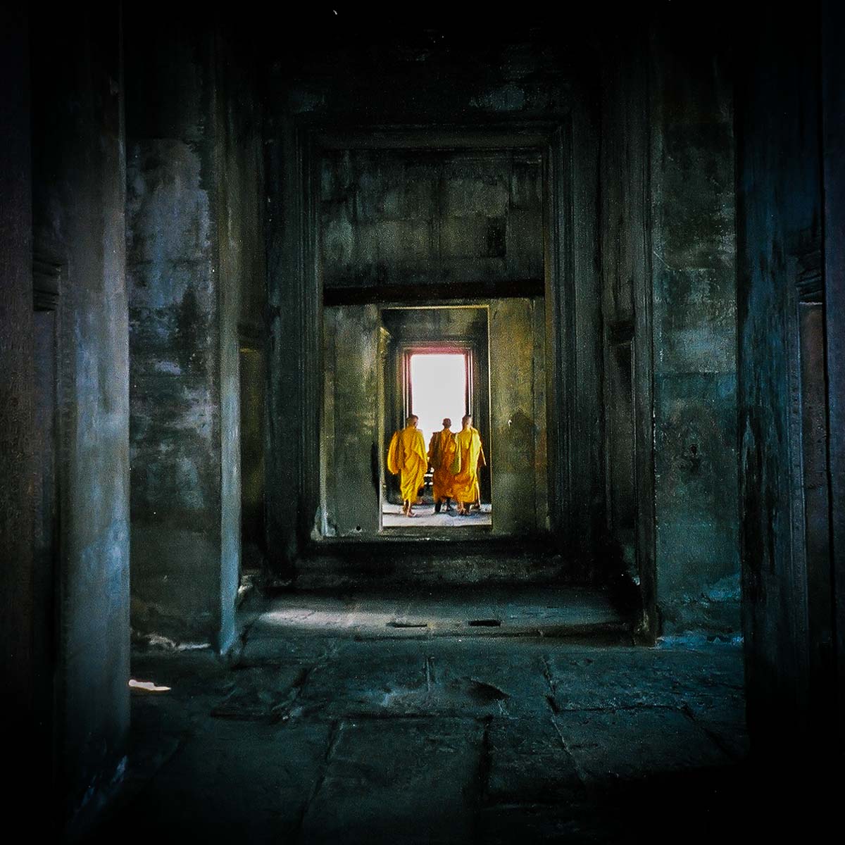 Film unknown / 35mm, Yashica Zoommate. Monks in Angkor Wat, Cambodia. January 2002.