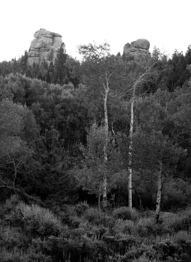 Tuesday, September 11, 2011 6:46 AM Mountain Time - Twin Towers of Stone, Laramie County, Wyoming 4x5 T-Max 100 Film, Linhof Tech V Camera, 150 mm lens, 1/2 Second Exposure at f/16
