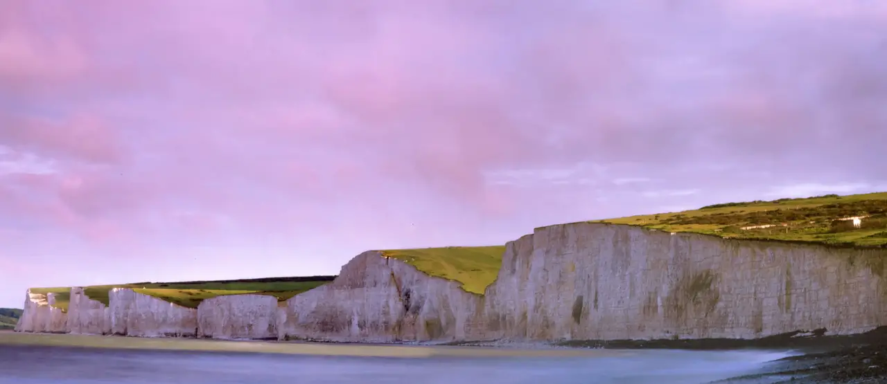 Seven Sisters; Fuji Velvia 50 helps pick out the cliffs’ textured faces, while a partially overcast sky is injected with a little more cololur.