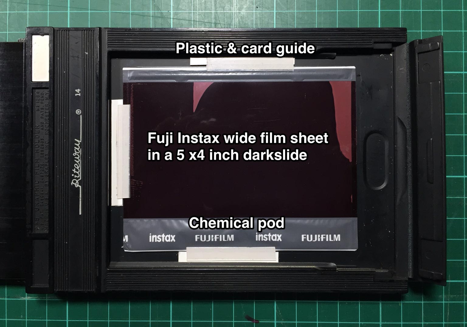 5 x 4 film holder loaded with Instax Wide film