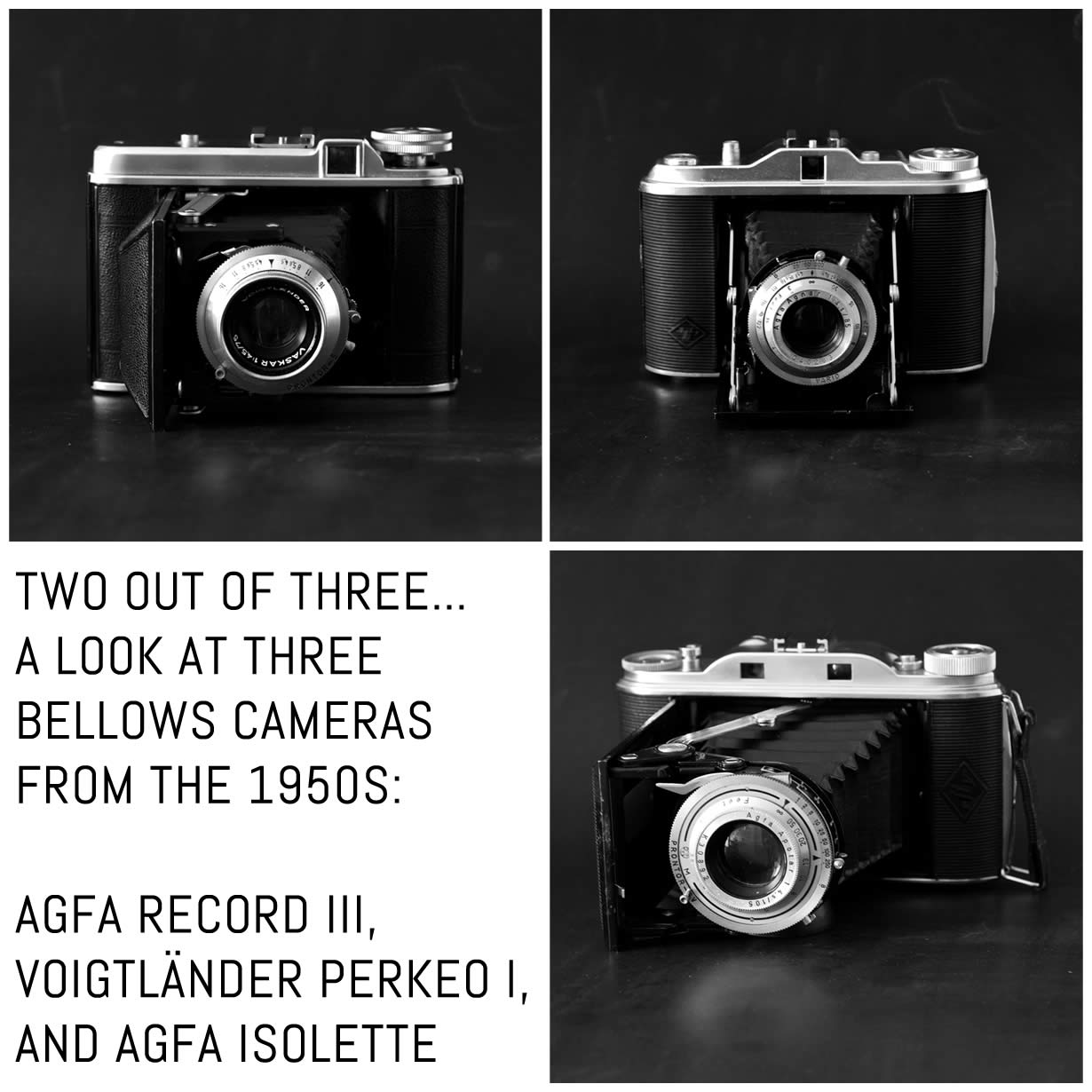 Two out of three. A look at three bellows cameras from the 1950s: Agfa Record III, Voigtländer Perkeo I, and Agfa Isolette
