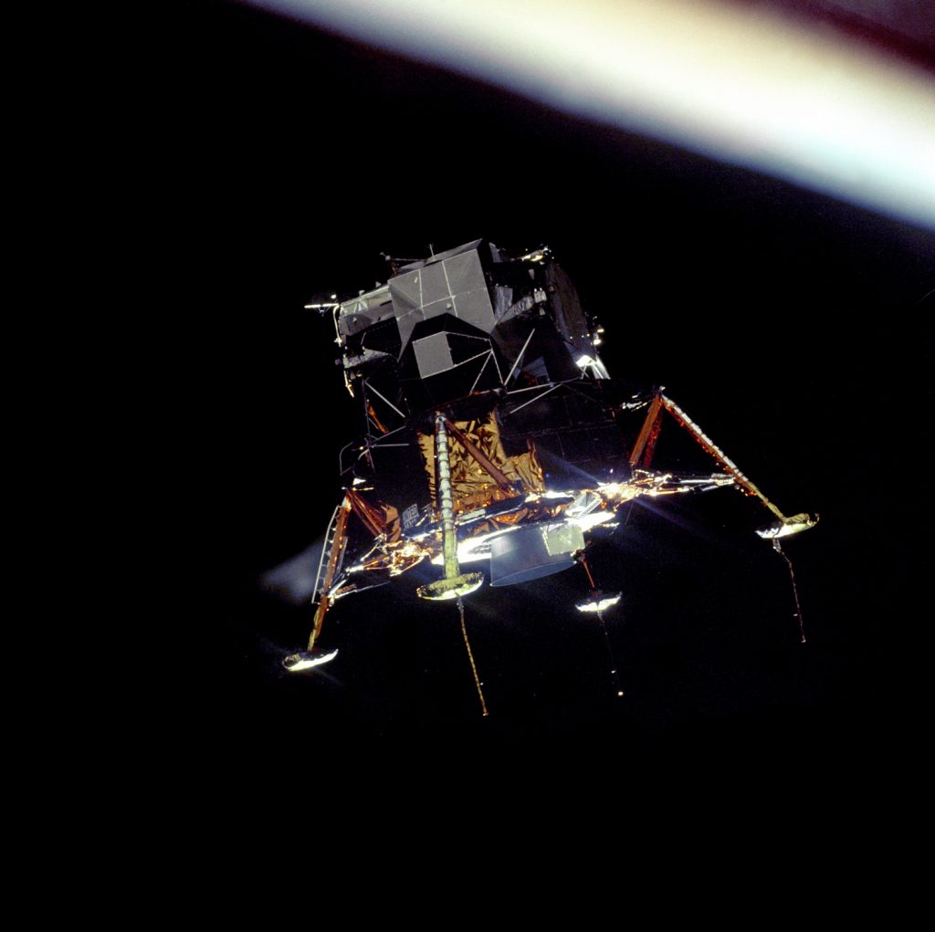 Apollo 11 Lunar Module (LM) Eagle, in a landing configuration. Photographed from the Command Service Module (CSM). Credit: Michael Collins, NASA ID: AS11-44-6581