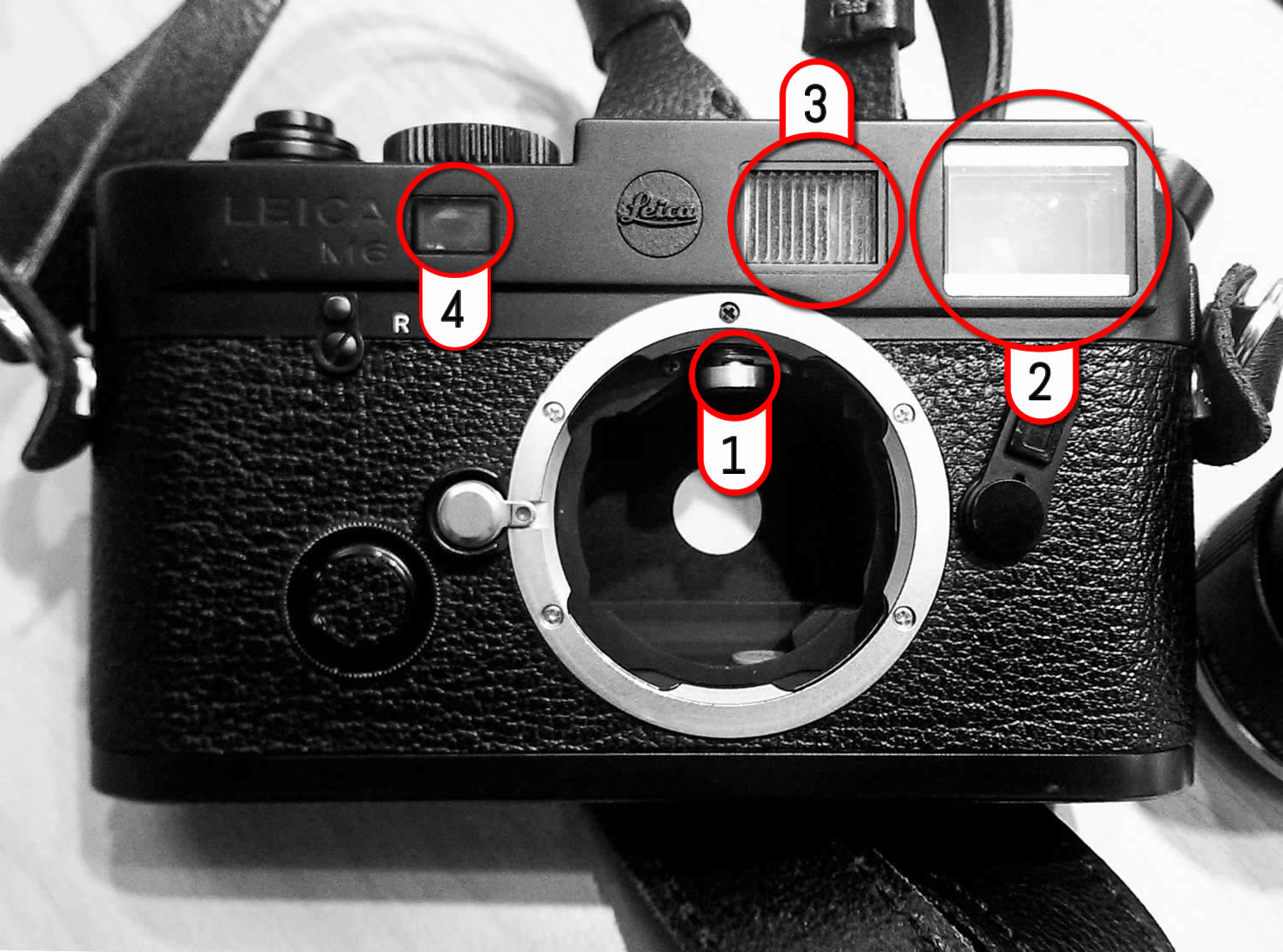Leica rangefinder annotated components. Image credit: EMULSIVE