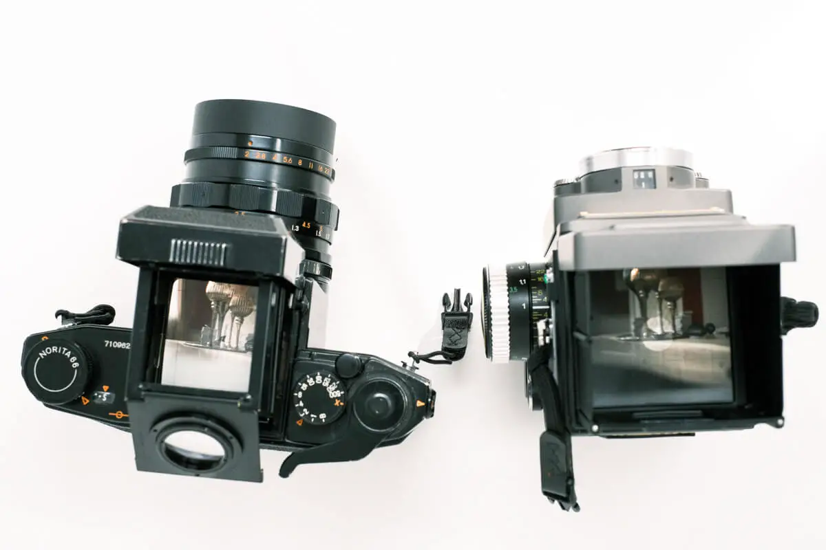 Norita 66 camera with waist level finder and Rolleiflex 2.8GX