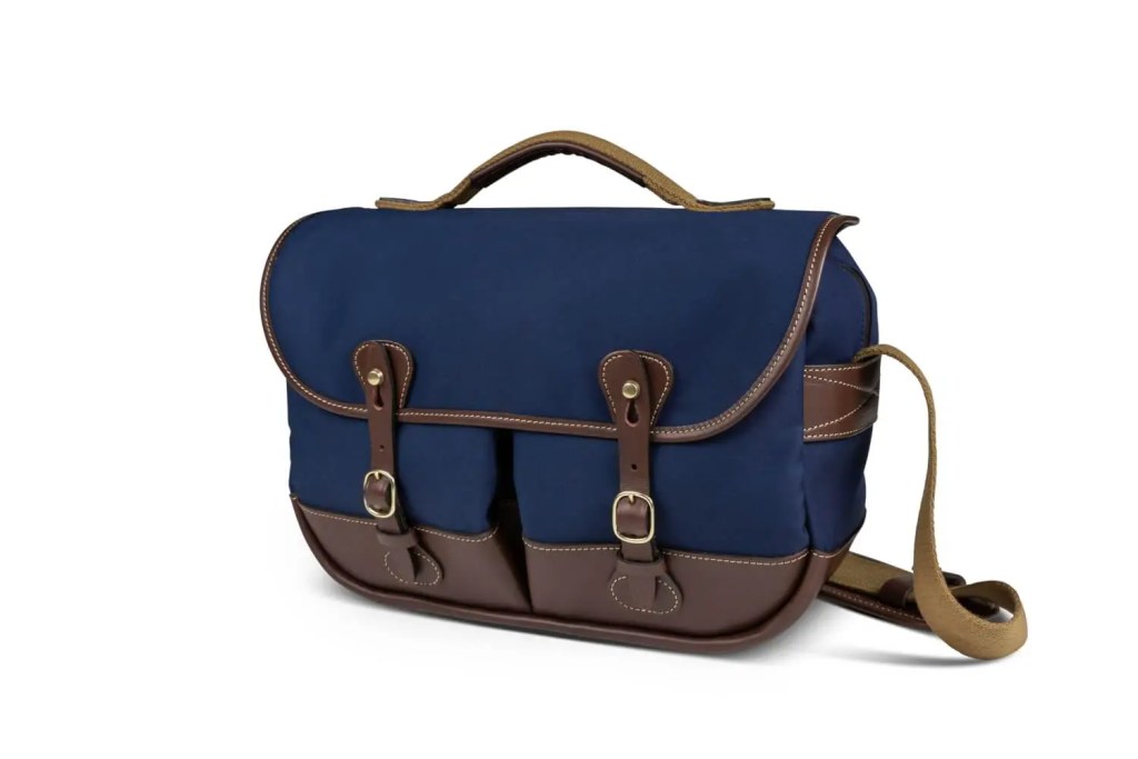 Billingham Mini Eventer in blue with chocolate leather - Front