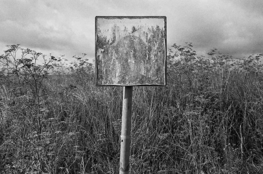 A faded and mildewed No Dig sign stands in front of an overgrown meadow area.