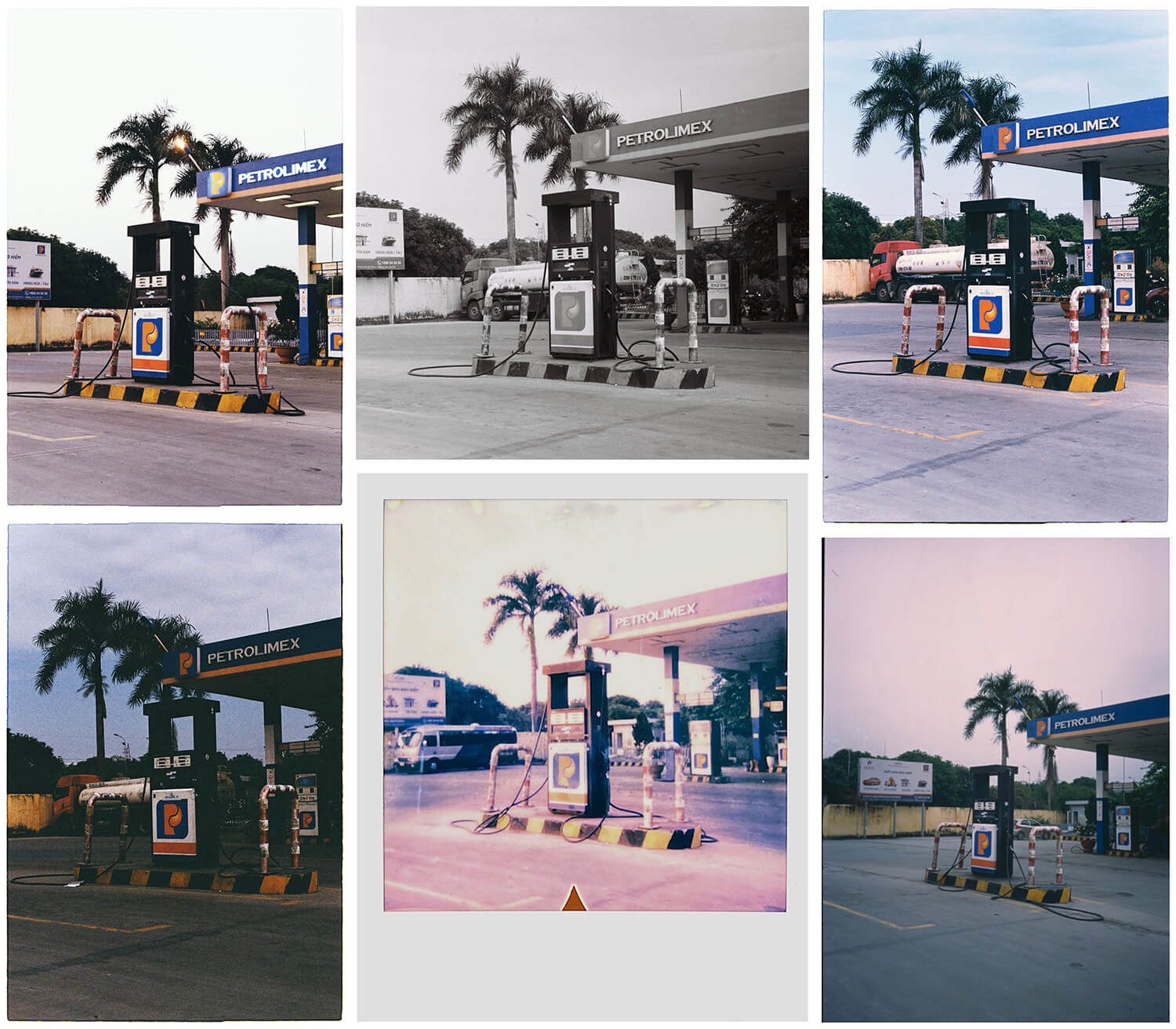 6 different photos of the same gas station, same composition, but on different films.