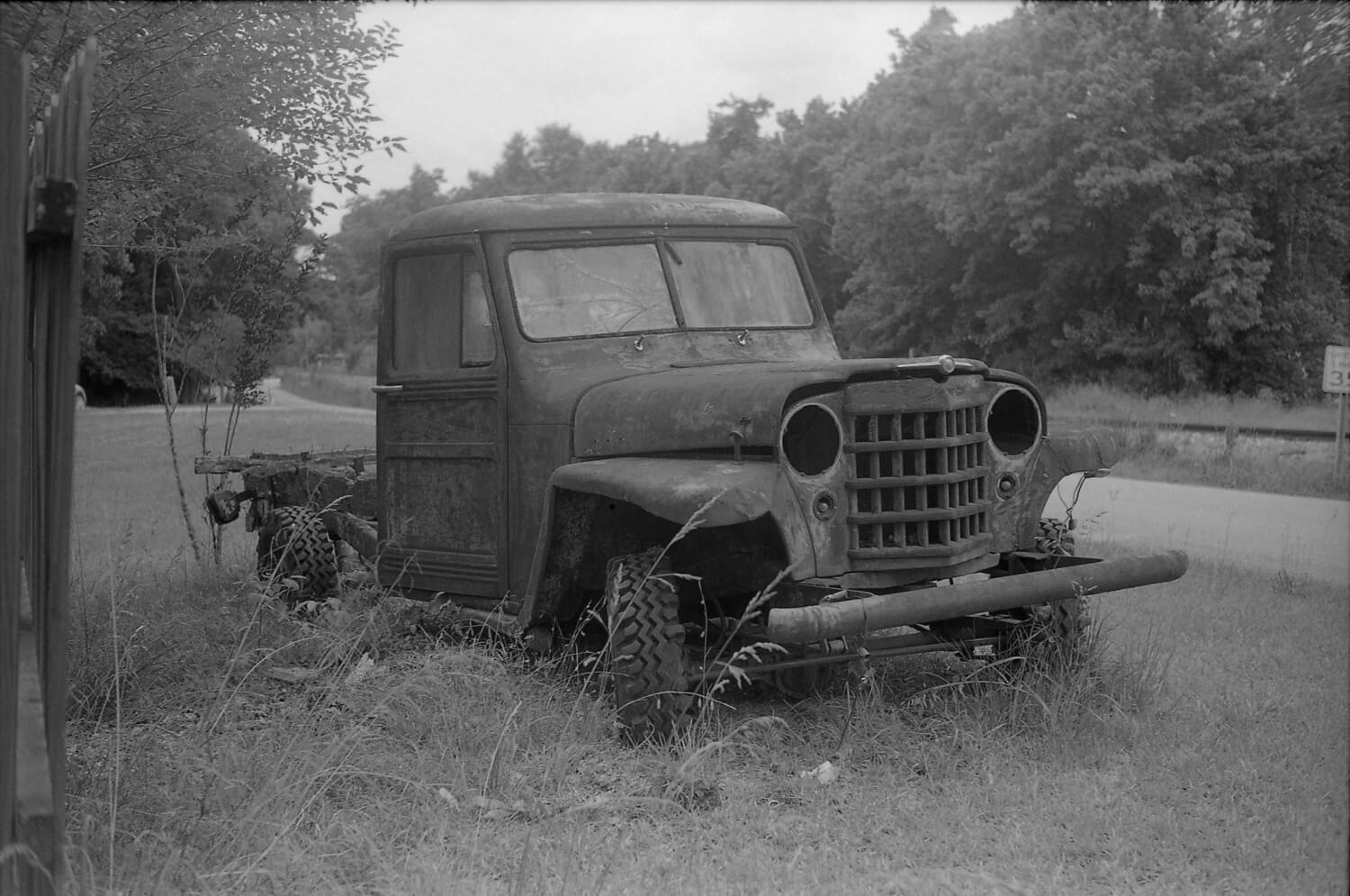 A tired old Jeep pickup.  Ilford FP4+ film.  No filters used.  I didn't own the Doomo meter at this point, so I guessed at the exposure.  I think it wsa 1/125 and f4.