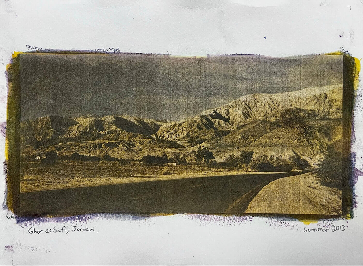 A CMYK print from a colorized black and white 6x9 image taken near the town of Ghor es-Safi, Jordan in 2013. 